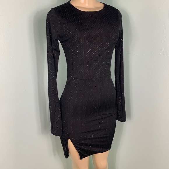 black glitter split leg bodycon dress